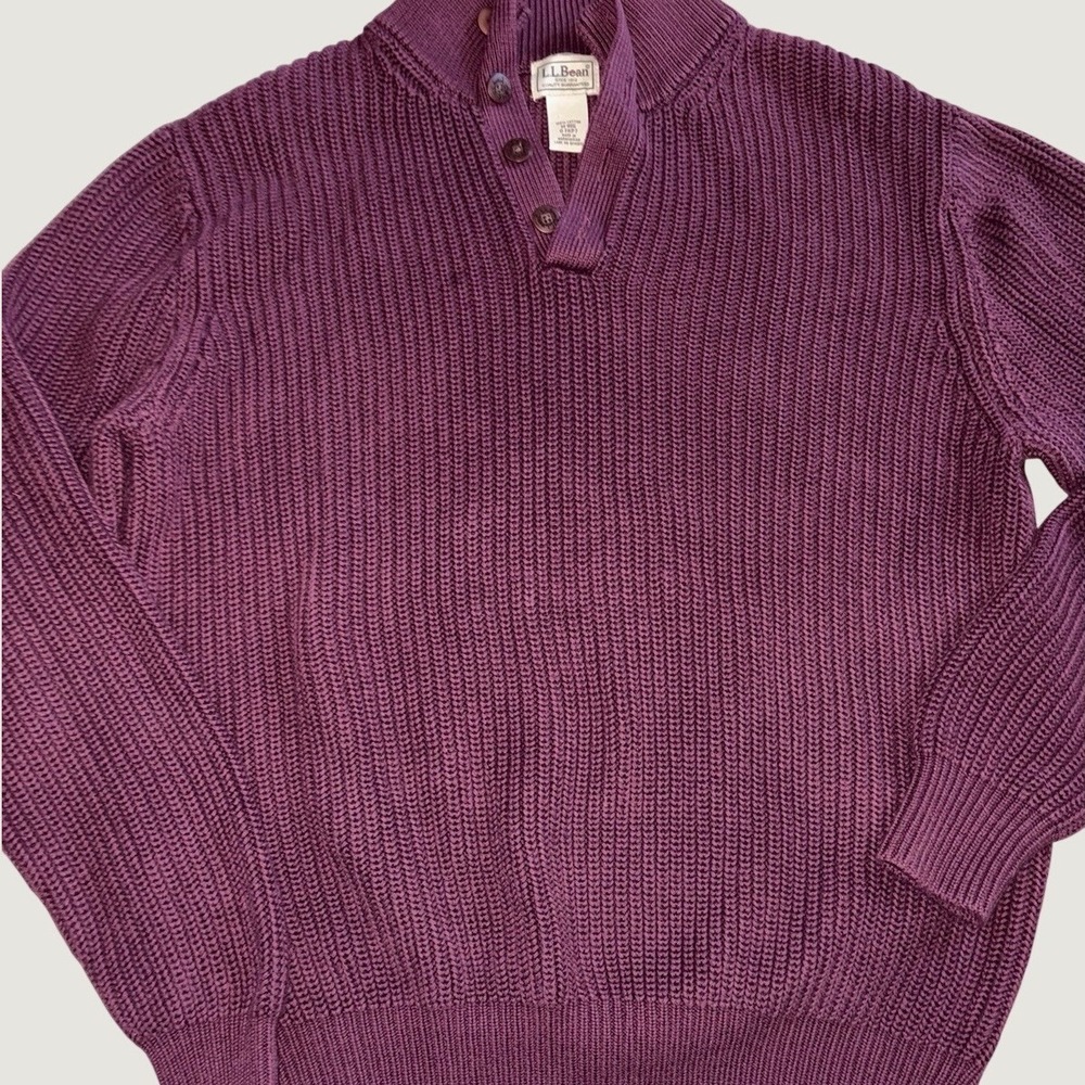 L.L. Bean Men's Maroon Chunky Knit 100% Cotton/Knit Collared Pullover Sweater M